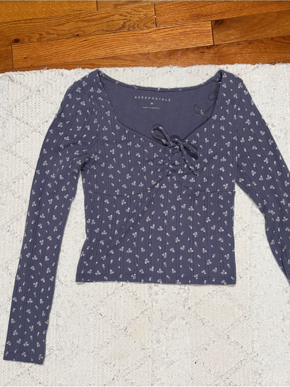 Aeropostale Indigo Floral Ribbed Long Sleeve Top